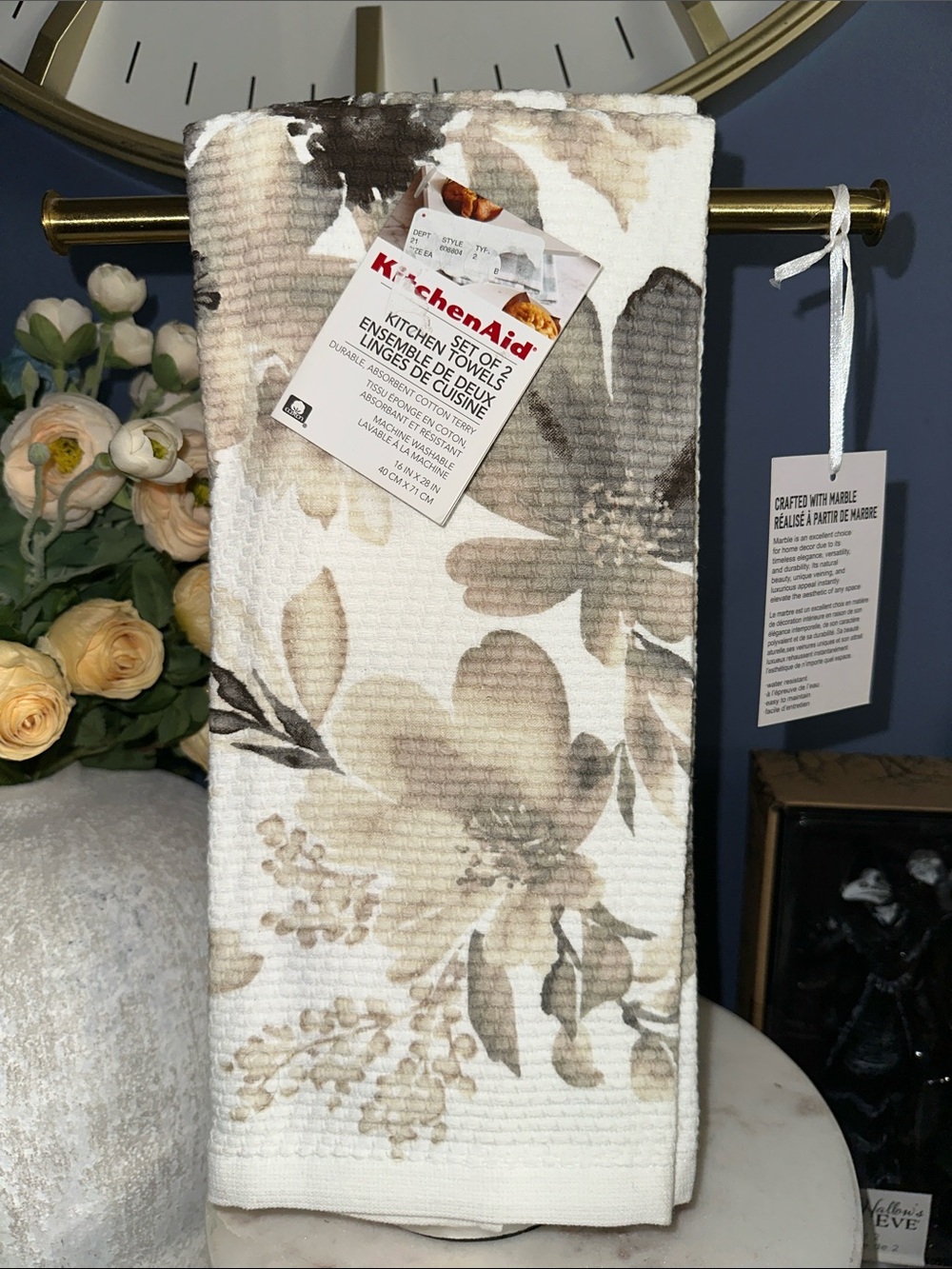 KitchenAid Beige and Gray Floral Waffle Kitchen Towels - Set of 2